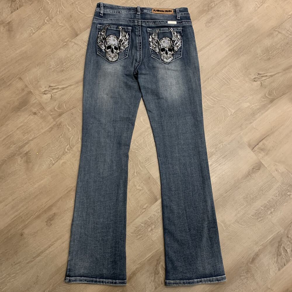 Y2K Platinum Plush Women's 7 Embellished Rhinestone Skull Wings Jeans Bootcut - Picture 2 of 7
